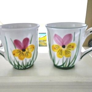Vtg Starbucks Barista Large 2003 Yellow Pink Flower Heavy Chunky Mug Italy Set 2